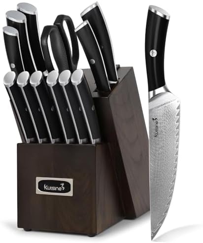 KUISINE 14-Piece Damascus Knife Set with Block, Ultra Sharp by Kuisine