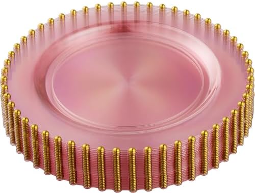 PLASTICPRO 64 Piece Combo Plastic Dinner Plates Disposable Plastic Fancy Heavy Duty Party Dishes 7 inch and 10 inch, Translucent Pink and Gold Beaded - Image 7