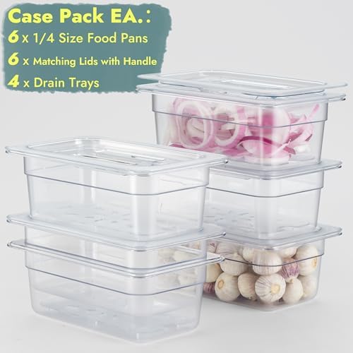 CURTA 6-Pack 1/4 Size 4" Deep NSF Polycarbonate Food Pans with Handled Lids & Drain Trays | Dishwasher & Freezer Safe Clear Container for Prep Tables, Buffet, Salad Bar, Commercial & Home Kitchen - Image 3