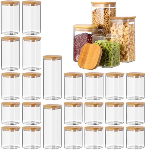 Qinyoung 12 Pcs Glass Storage Jars Airtight Bamboo Lids Glass Food Containers, 4 Sizes (0.5/0.6/0.8/1 Qt) Clear Square Pantry Organization Stackable for Pasta Candy Cookie Kitchen Food Cereal Coffee by Qinyoung
