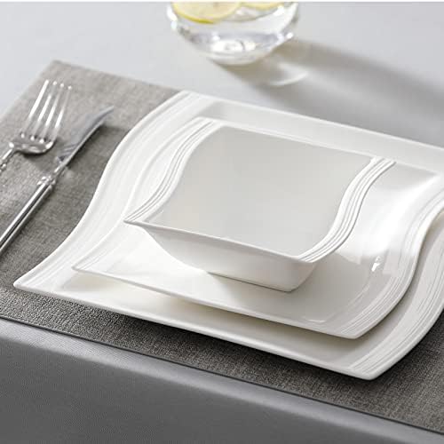 MALACASA Plates and Bowls Sets, 26 Pieces Ivory White Porcelain Dinnerware Sets without Mugs, Square Dinnerware with Dinner Plates, Bowls and Serving Platters, Modern Dish Set for 6, Series Flora - Image 5