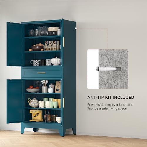 YAUWOH 71''Tall Kitchen Pantry Cabinet with Drawer,6-Tiers Metal Pantry Storage Cabinet with 4 Adjustable Shelves and 4 Barn Doors, Freestanding Farmhouse Food Cupboard for Dining Room (1PC,Blue) - Image 6