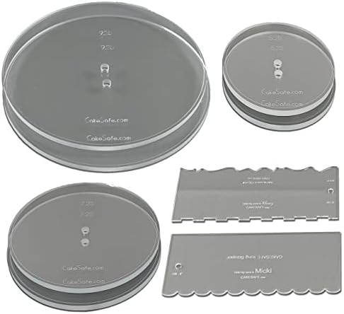CAKESAFE Essential Cake Decorating Acrylic Disk Kit - 3 Sets - Round 5.25”, 7.25” and 9.25" Disk Sets (2 disks per size), 2-8" Icing Scrapers with 1 Scraper Edge and 3 Cake Comb Patterns by CAKESAFE