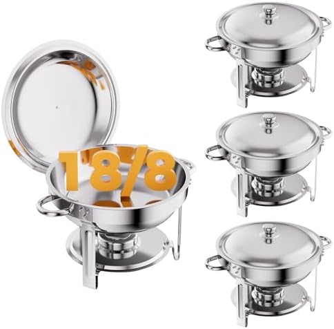 CAMMOO Silver 4 Pack Chafing Dishes for Buffet, 18/8 (304) Stainless Steel Food Pan with Lid, 6QT Round Chafing Dish Buffet Set Food Warmer, Food Warmers for Parties Buffet Catering Events Dinners by CAMMOO