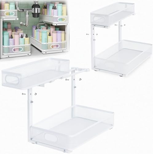 2 Pack Under Sink Organizer, Dual-Layer Pull Out Mesh Cabinet Rack with 5-Level Height Adjustment, Rust-Resistant Sliding Storage for Bathroom & Kitchen, Multi-Purpose 2-Tier Shelf by Unknown