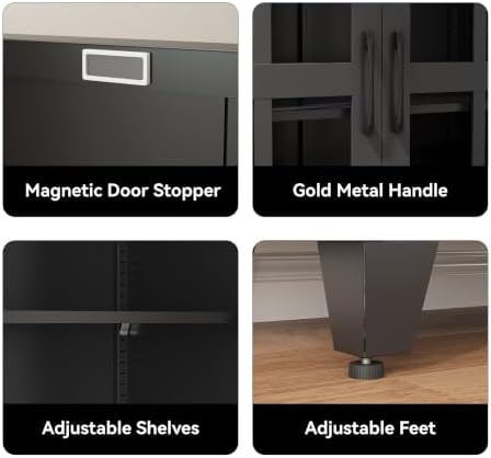 COFaR 71" Black Metal Pantry Cabinet with Glass Doors for Living Room - Image 4