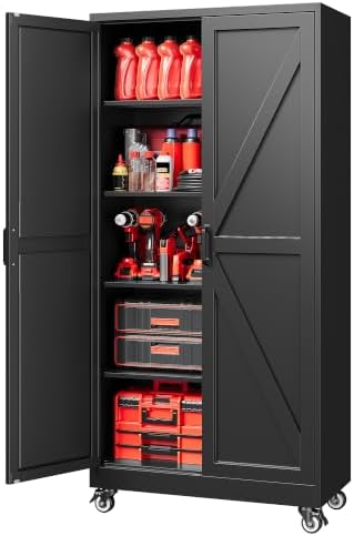 72"Metal Garage Storage Cabinets with Wheels & Adjustable 4 Shelves by LISSIMO