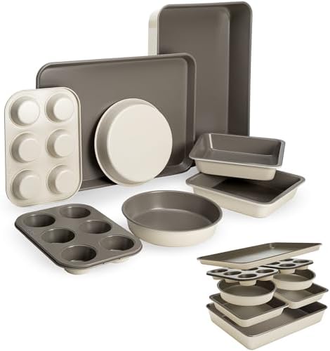 Goodful All-In-One Nonstick Bakeware Set, Stackable and Space Saving Design includes Round and Square Pans, Muffin Pans, Cookie Sheet and Roaster, Dishwasher Safe, 8-Piece, Linen by Goodful
