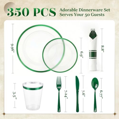 350PCS Clear Green Plastic Plates Dinnerware Sets for 50 Guests - Image 3