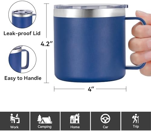 VEGOND 14 oz Insulated Coffee Mug Bulk with Handle, Stainless Steel Travel Coffee Mug with Lid, Double Wall Vacuum Metal Coffee Cup, Coffee Tumbler Powder Coated, Navy Blue 8 Pack - Image 3