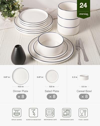 Famiware Porcelain 24-Piece Dinnerware Set, White with Blue Trim - Image 2