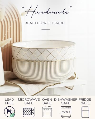 getstar Large Serving Bowls (9.5 inch & 92 fl oz), Ceramic Salad Bowl Set of 2, Microwave and Dishwasher Safe (Embossed Stripes) - Image 4