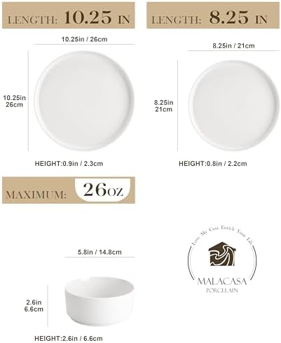 MALACASA 24 Pieces Porcelain Dinnerware Set, Modern White Dish Set for 8, Premium Serving Plates and Bowls Sets, Chip and Scratch Resistant Dishware Sets Kitchen Dishes Dining Ware Set, Series LEAH - Image 2