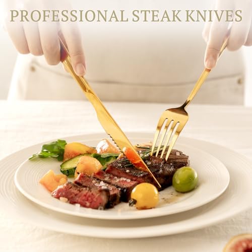 Astercook Silverware Set 48-Piece Gold Flatware Set with Steak Knives Food-Grade Stainless Steel Cutlery Set for 8 Mirror Polished Utensils Set for Home Kitchen Restaurant - Image 3