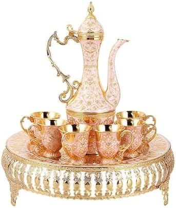 Turkish Tea Set Vintage Coffee Pot with Shiny Crystal Tray and 6 Cups for Home Party Table Decor Gold by SEEKRARE