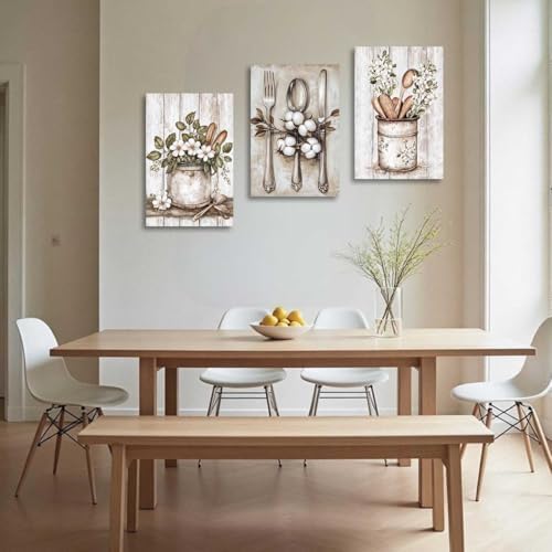YMXDYMJSW Vintage Kitchen Wall Art 3 Piece Kitchenware Pictures Fork Knife Spoon Floral Canvas Print Farmhouse Floral Tableware Painting for Dining Room Home Decor (White, (16.00" x 24.00" x 3PCS)) - Image 4