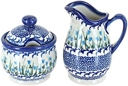 Blue Rose Polish Pottery - Blue Misty Cream & Sugar Set - 12 oz Creamer - Hand-Painted Polish Pottery Ceramic Creamer & Sugar Bowl with Lid by BlueRosePottery