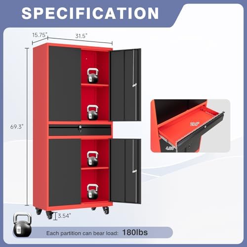 Metal Garage Storage Cabinet with Wheels, Rolling Garage Cabinet with Locking Doors and Adjustable Shelves, 73" Heavy Duty Steel Tool Cabinet with Drawer for Garage, Warehouse(Red Black) - Image 3