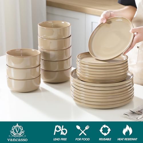 vancasso PLAYA Ceramic Plates and Bowls Sets, 24 Pieces Brown Dinnerware Sets for Kitchen, Reactive Glaze Dishes Set for 8, Dishwasher and Microwave Safe - Image 3