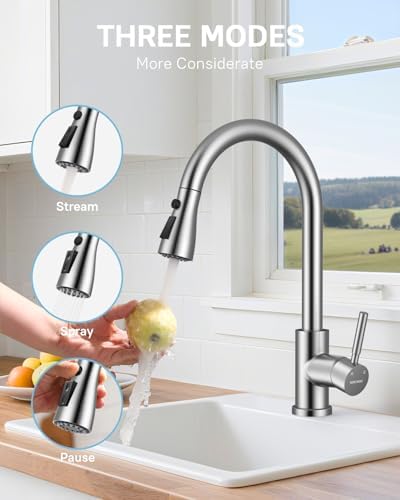 WEWE Kitchen Faucet with Soap Dispenser Set, Pull-Down, Brushed Nickel - Image 4