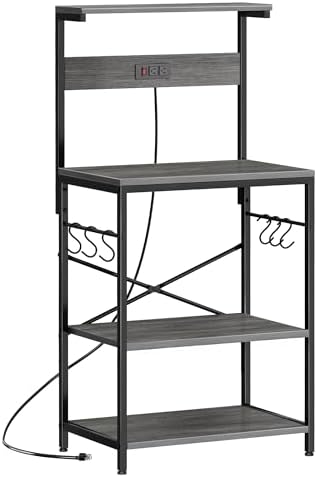 SUPERJARE Kitchen Bakers Rack with Power Outlet, Coffee Bar Table 4 Tiers, Kitchen Microwave Stand with 6 S-Shaped Hooks, Storage Shelf Rack for Spices, Pots and Pans - Charcoal Gray by SUPERJARE