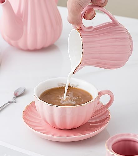 CLAY TONIC- 8 OZ Porcelain Pink Coffee/Teacup and Saucer Set with Holder - Image 2
