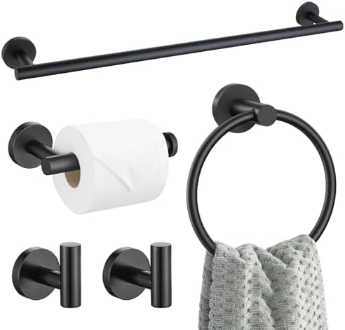 5 Pieces Matte Black Bathroom Hardware Accessories Set SUS304 Stainless Steel Black Towel Bar Holder Set, 23.6Inch Towel Racks for Bathroom, Robe Towel Hooks, Toilet Paper Holder Wall Mounted by SOAEZ