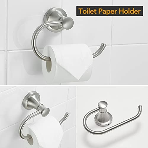 BESy Brushed Nickel 4 Piece Bathroom Accessories Set (Single Towel Bar, Towel Ring, Toilet Paper Holder, Double Towel Hooks), Wall Mounted Bath Hardware Accessory Fixtures Rack Set - Image 4