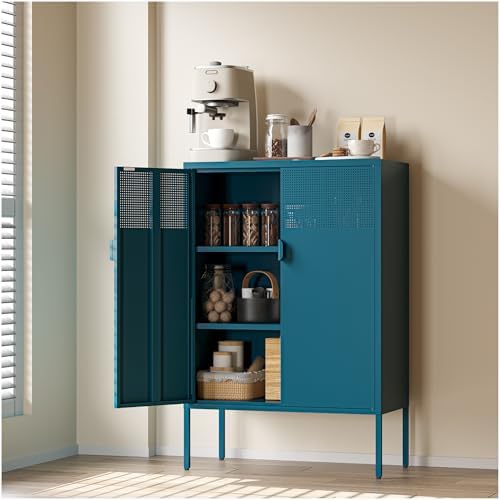 COFaR Peacock Blue Metal Cabinet, 47”H Modern Sideboard with Adjustable Shelves, Stylish Coffee Bar & Buffet Storage for Dining Room, Kitchen, Ventilated Metal Organizer with Magnetic Doors by COFAR