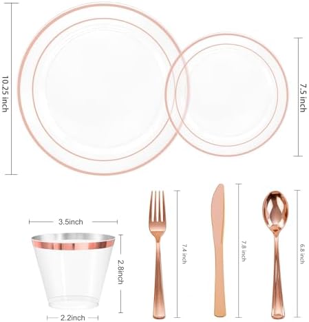 bUCLA 300PCS Rose Gold Plastic Dinnerware - Clear Dinnerware Set Disposable Include 50 Dinner Plates,50 Dessert Plates,50 Knives,50 Forks,50 Spoons,50 Cups for Party & Wedding - Image 2