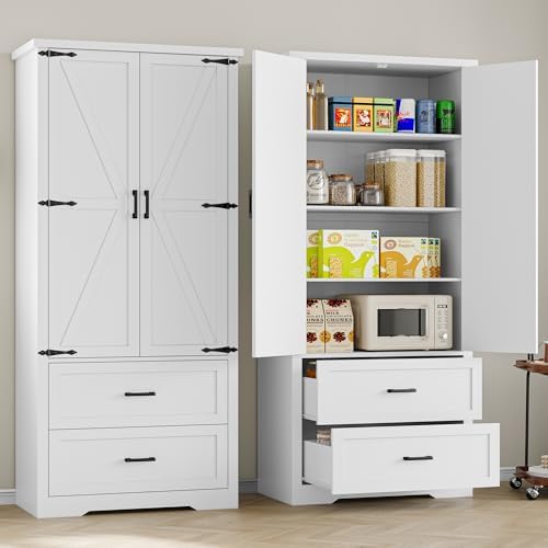 BORNOON Pantry Organizers and Storage Cabinet, 71” Barn Door White Kitchen Cabinet with Drawers and Adjustable Shelf, Tall Pantry for Kitchen, Dining Room, Living Room. Bathroom and Office - Image 4