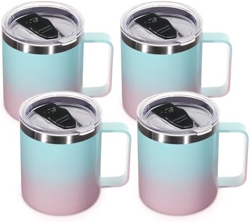 Volhoply 14oz Insulated Stainless Steel Coffee Mug with Lid Bulk 4 Pack,Double Wall Vacuum Travel Coffee Cup with Handle,Reusable Cups Tumbler,Camping Mugs Keep Hot,Ideal Gifts(Green Pink,4) by LiveFully%EF%BC%8CDrinkFreely%E2%80%94KeepGoingwithVolhoply%EF%BC%81
