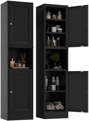YAUWOH 2-Door Metal Storage Cabinet, Tall Slim Pantry Organizer with 3 Adjustable Shelves (120LBS/Shelf), Anti-Tipping Waterproof Cabinet for Bathroom/Kitchen/Home Office/Small Spaces, (1PC,Black) by YAUWOHFactoryOutletsColorfulMetalFurniture