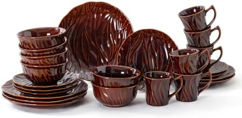 Ceramic Dinnerware Sets for 6, 24 pcs Plates and Bowls Sets, Reactive Glaze Ceramic Dish Set, Scratch Resistant, Microwave & Dishwasher Safe, Highly Chip and Crack Resistant Dishware sets, Rust Brown by Unknown