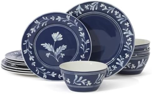 Martha Stewart Dinnerware Set- Maiden Crown 12-Piece Sky Blue Dishes – New Bone China Ceramic Plates & Bowls – Floral Design – Service for 4 – Microwave & Dishwasher Safe by MarthaStewart