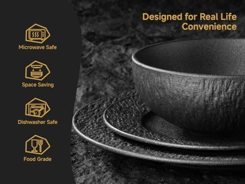 Black Dinnerware Sets, 18-Piece plates and bowls sets, Matte Marble - Image 4