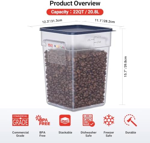 2 Pack 22 QT Commercial Food Storage Containers with Lids, BPA-Free Translucent Large Square Containers with Handles for Flour, Rice, Pet Food and Commercial Bulk Storage - Image 2