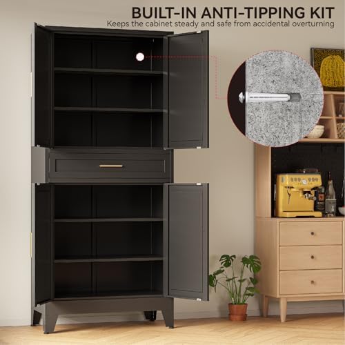COFaR 71" Metal Pantry Cabinet with Drawer, Black Storage Cabinet with Adjustable Shelves, 3-Section Industrial Cupboard for Kitchen & Office - Image 6