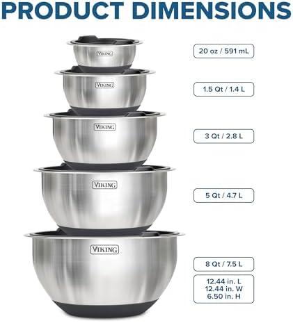 Viking Mixing Bowls Set, 10 Piece Stainless Steel Kitchen Cookware, Non-Slip Silicone Base, Includes Tight Fit Lids, Dishwasher Safe, Black - Image 5