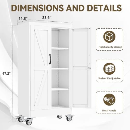 Metal Storage Cabinets with Wheels, Steel Tool Cabinets Lock Door and 3 Adjustable Shelves for Home Office, Garage, Kitchen (White, 47.2" H) - Image 2