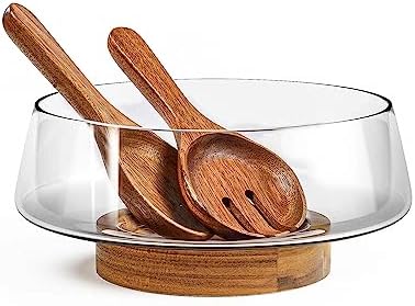 KITEISCAT Extra Large Glass Salad Bowl Set - Party Salad Bowls with Acacia Wood Base and Serving Utensils - Elegant and Practical Kitchen Must-Have by KITEISCAT