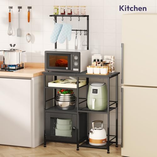 SWTYMIKI Bakers Rack with Storage - Coffee Bar Cabinet Organizer with 8 Hooks, Shelves & Cabinet Door, Coffee Station for Kitchen Dining Room, Microwave Stand with Adjustable Feet, Black - Image 3