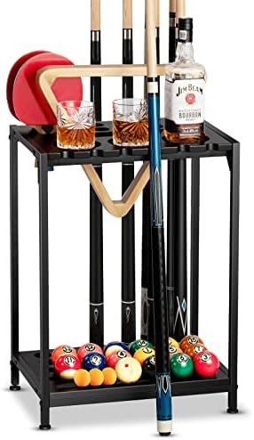 EXTCCT Pool Cue Rack Floor Stand, Metal & Wood, 12 Cues & Ping Pong, Black by EXTCCT