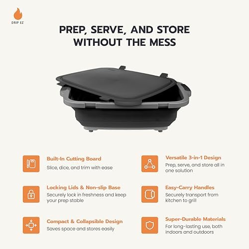 Drip EZ Collapsible BBQ Prep Tub - For Meal Prep, Marinating, Food Storage - Includes Cutting Board & Locking Lid - (1) OG - Sandstone - Image 3