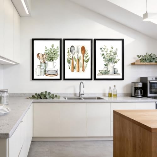 Doqueodas 3Pcs Black Framed Sage Green Kitchen Canvas Wall Art 16x24 inch - Image 2