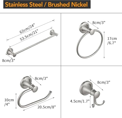 BESy Brushed Nickel 4 Piece Bathroom Accessories Set (Single Towel Bar, Towel Ring, Toilet Paper Holder, Double Towel Hooks), Wall Mounted Bath Hardware Accessory Fixtures Rack Set - Image 6