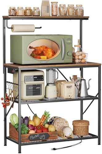 Huuger 4-Tier Bakers Rack with Reversible Power Outlet, 31.5 Inch Microwave Stand, Kitchen Coffee Bar, with Top Shelf, 6 S Hooks, Rustic Brown by Huuger