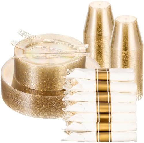 realluck 350 Piece Gold Glitter Plastic Dinnerware Set for 50 Guests, Disposable Plates for Party, Include: 50 Dinner Plates, 50 Dessert Plates, 50 Rolled Napkins with Silverware, 50 Cups by Realluck