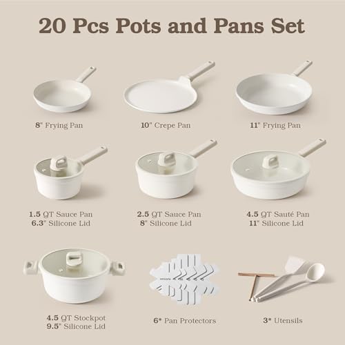 SENSARTE Ceramic Pots and Pans Set Nonstick, 20Pcs Cookware Set, White - Image 2