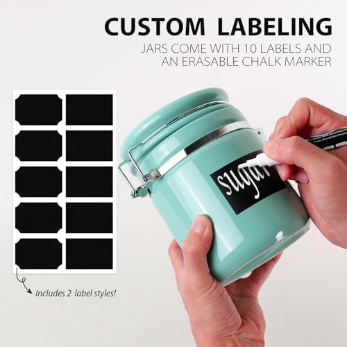 4 Piece Airtight Ceramic Canister Set With Attached Wooden Spoon Reusable Chalk Labels For Dry Goods Sugar Coffee Tea Kitchen Storage Use (Turquoise) - Image 3